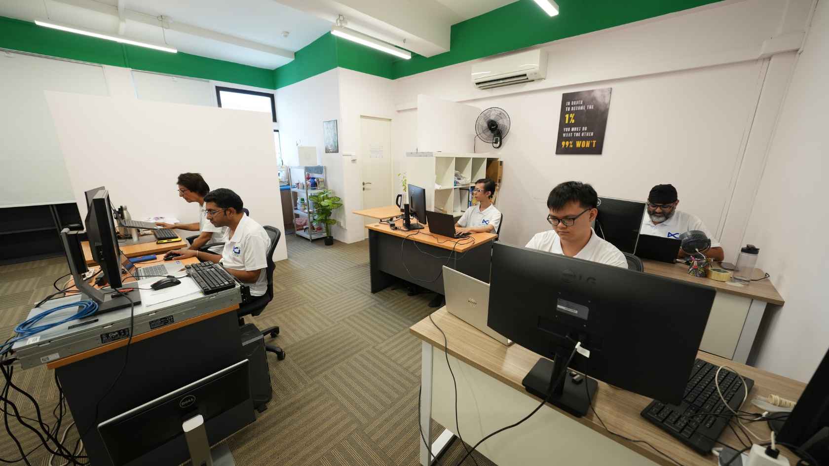 Dedicated DCI Innovation team of IT experts collaborating around desktop computers in a modern office